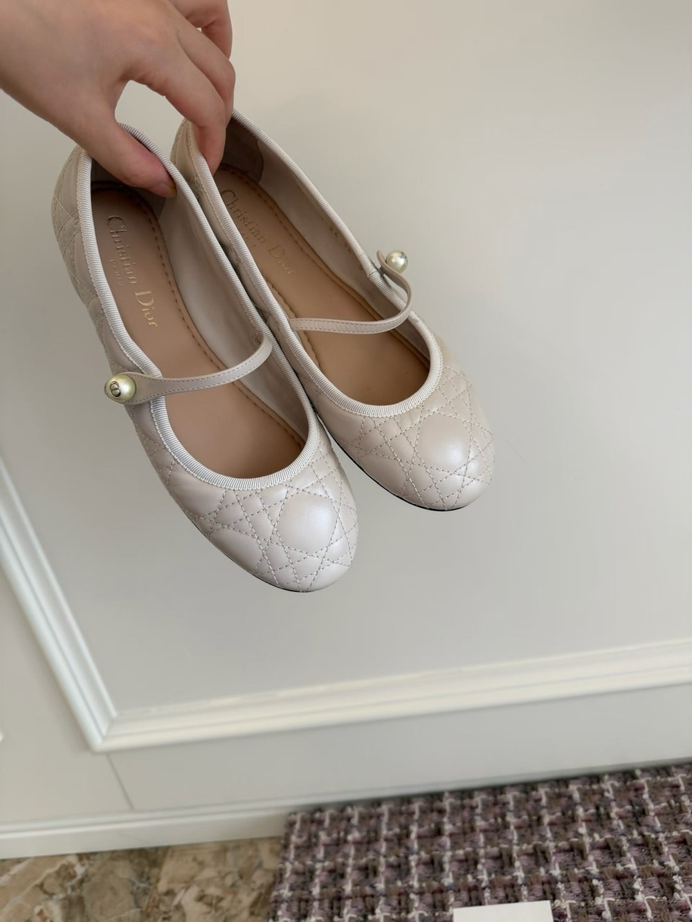 Dior Quilted Pearl-Button Mary Jane Flats in Light Beige